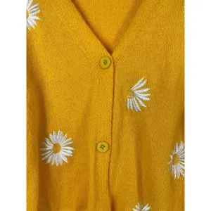 Sunshine Yellow Daisy Embroidered Button Front Cardigan Sweater M Short/Cropped thumbnail 4