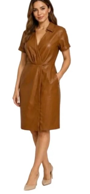 Nine West Dress Womens Size M Brown Faux Leather Wrap Short Sleeve Collar V Neck thumbnail 1