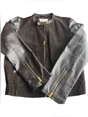 MNG Mango Mixed Media‎ Leather & Suede Bomber Jacket Deep Chocolate Brown/Gold M thumbnail 4