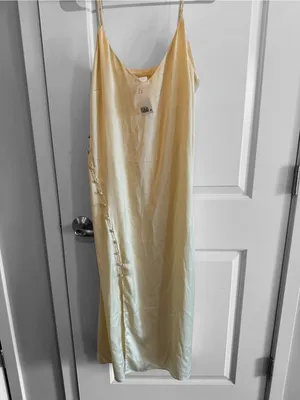 H&M Cream Satin Slip Midi Dress with Side Button Slit and V-Neck thumbnail 2