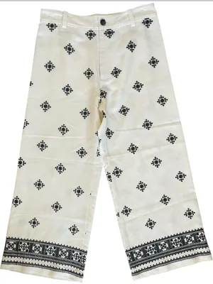 ZARA LINEN BLEND EMBROIDERED PANTS Ivory/ Black Size Large thumbnail 6