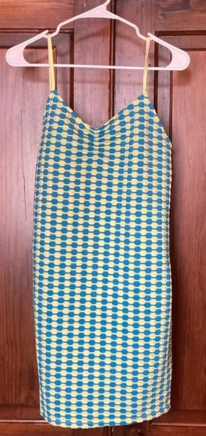 Mango New Cami Bodycon Waffle Textured Mini Sleeveless Dress Blue Yellow Size 10 thumbnail 1