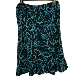 Amanda Smith Silk Skirt‎ Large Teal Black Floral Knee Length Flowy thumbnail 2