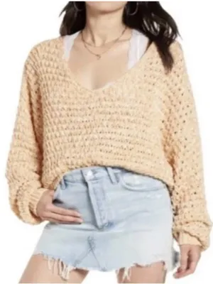 Free People Open-Knit Scoop Neck Sweater in Beige thumbnail 2