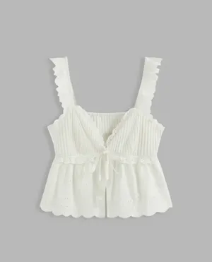 ZARA 100% COTTON SQUARE NECK SOLID WAVE TRIM KNOTTED CROP CAMI TOP thumbnail 3