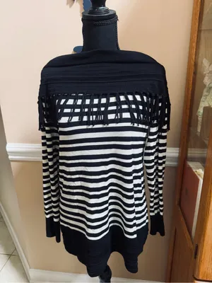 White House Black Market Black and White Striped Fringe Knit Top thumbnail 3