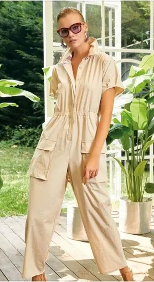 New Julia Romper Boutique Womens Small Jumpsuit Cargo Khaki Short Sleeve‎ thumbnail 1