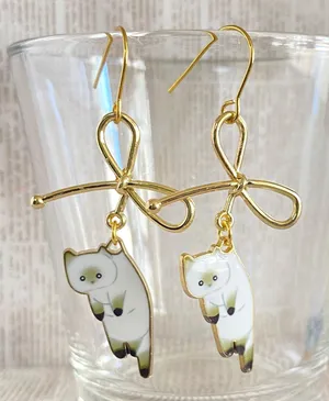 Handmade Kawaii funny cat ribbon dangle earrings✨ thumbnail 3