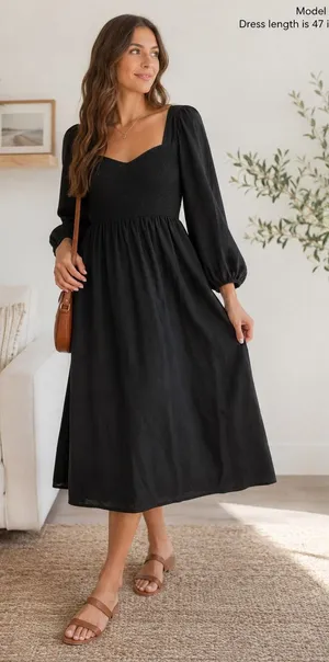 Old Navy Womens Black Smocked Square Neck Cotton Balloon Sleeve Midi Dress L thumbnail 1