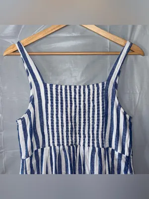 Old Navy Striped Maxi Dress‎ Med Blue White Linen Cottagecore Picnic Dorothy thumbnail 5