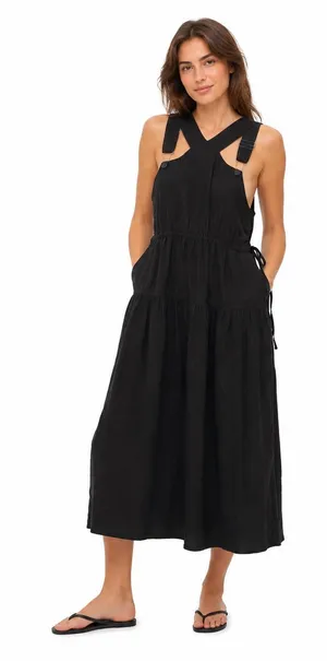 Madewell $148 Poplin Halter Tiered Midi Dress Black Size 6 NL129 thumbnail 1