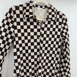 Eb Luxe Checkered Blouse Open Tunic Button Down M Long Sleeve Boho Western M Brown Size M thumbnail 3