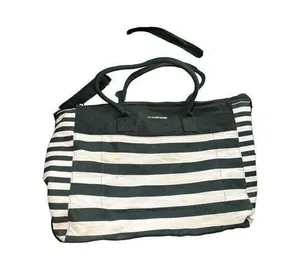Victoria's Secret Black & White Striped Canvas Tote Bag With Handles thumbnail 1