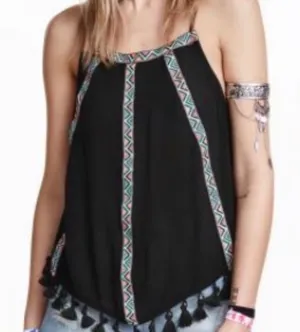 H&M Boho Coachella Tassel Tank Women’s Black‎ Geometric Trim Sz 6 thumbnail 1