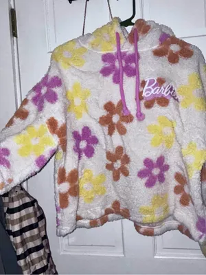 Barbie Cream Sherpa Hoodie with Pink, Yellow & Brown Floral Print thumbnail 1