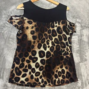 Leopard Print Cold Shoulder Top V-Neck Sz M Mobwife Y2K Safari Chic Glam Keyhole thumbnail 3