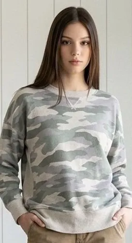 Aerie Womens Camo Crewneck Sweatshirt Large Grey Green Camouflage Side‎ Slits thumbnail 1