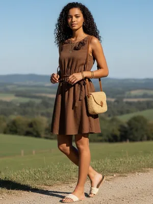 YA Los Angeles Bronze Brown Rosette Shoulder Mini Dress Medium Elastic Waist Tie thumbnail 4