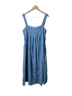 Free People Pretty in Pleats Indigo Blue Denim Raw Hem Midi Dress Medium $148 thumbnail 5