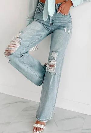 High Rise Distressed Straight Leg Jeans thumbnail 1