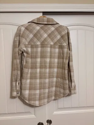 Altar'd State Plaid Shacket XS Xtra Small Light Tan White Button Front Collared thumbnail 3