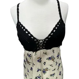 Zara Crochet Satin Maxi Slip Dress Black Cream‎ Lavender Floral Boho Festival S thumbnail 4