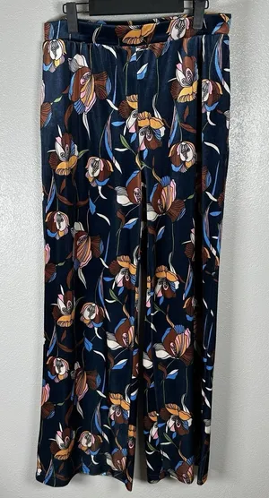 ModCloth Floral Wide Leg Pants Womens Sz Large Velour Retro Boho Pull On Pockets thumbnail 1