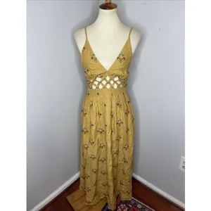 New Farm Rio Coconut Tree Tapestry Macrame Yoke‎ Maxi Dress XS thumbnail 2