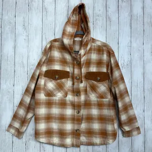 Maurices Plaid Cotton Long Sleeve Hooded Oversized Button Down Shacket Jacket thumbnail 1