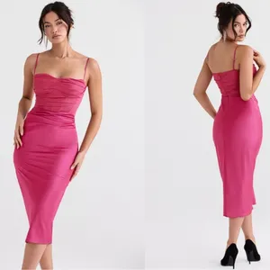 NWOT HOUSE OF CB Teia Satin Georgette Draped Corset Midi Dress Hot Pink XS thumbnail 3