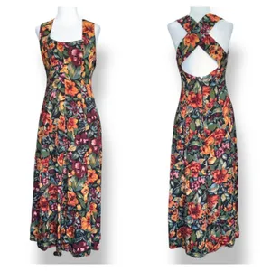 Vintage All That Jazz Dark Floral Black Crossback Maxi Dress Sleeveless Romantic thumbnail 2