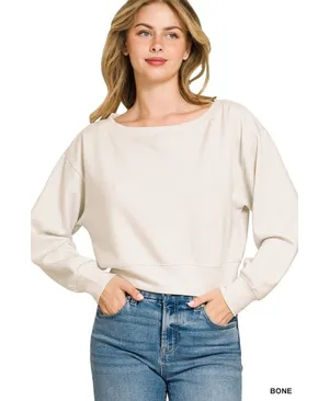 Zenana Scuba Cropped Boat Neck Pullover Sweatshirts - Large thumbnail 1