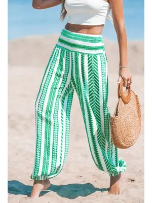NWT Cupshe Green Geo Smocked Waist Tapered Leg Pants - Size: Small thumbnail 10