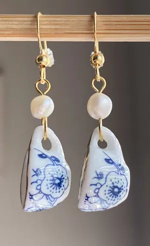 Handmade porcelain tea cup & freshwater pearls unique fun fairy antique style dangle earrings🫖🍃🌀 thumbnail 1