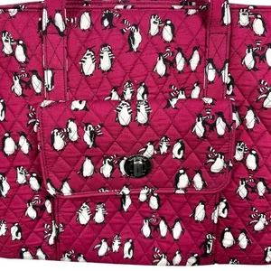 Vera Bradley‎ Quilted Playful Penguins Turnlock Tote Bag Crimson Red Retired thumbnail 4