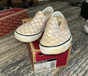 Vans Pink and White Slip-On Sneakers with Checkered Pattern thumbnail 1