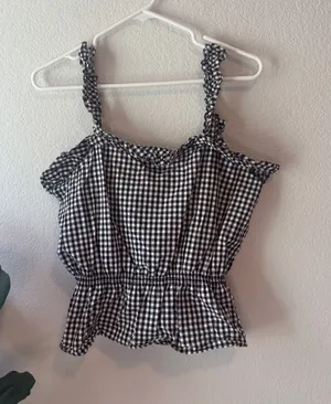 Gingham Ruffle Strap Peplum Tank Top - Black/White 7 for all Mankind Medium thumbnail 1