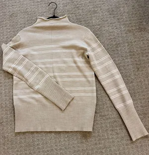 French Connection Beige with White Stripes Mock Neck Sweater Size - Medium thumbnail 1