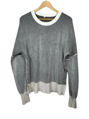 Oversized Ribbed Sweater Women Contrast Hem Crewneck Relaxed Knit Size M thumbnail 1