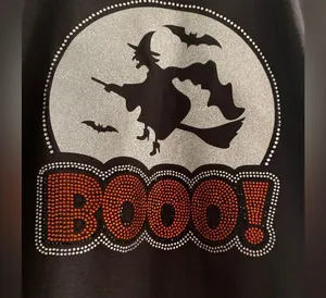 Hanes Women Halloween Black T-shirt Short Sleeve Top Witch BOO Rhinestones M Medium thumbnail 2