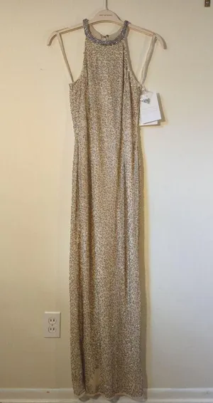 New NWT Mac Duggal Beaded Sleeveless High Neck Column Gown Nude Silver Size 6 thumbnail 3