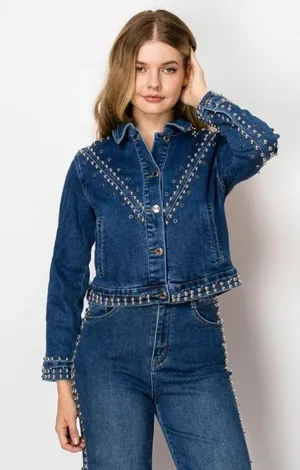 Studded Blue Denim Jacket & Jean Set Size L thumbnail 3