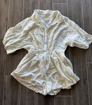 Mable Linen Blend Collared Button Up Short Romper White‎ Size L White Size L thumbnail 1