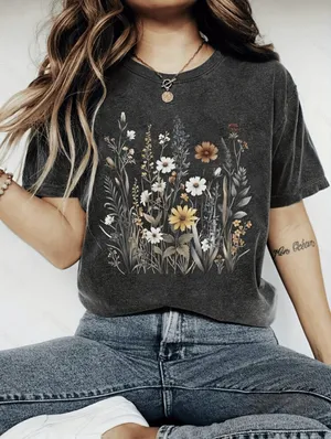 🌾 SHEIN Floral Graphic T-Shirt in Charcoal | Women’s Sz Sm thumbnail 6