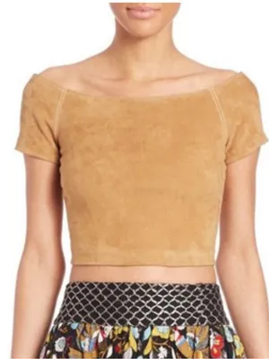 Alice + Olivia Gracelyn Off Shoulder Suede Crop Top thumbnail 1