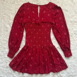 Free People Dress Two Faces Mini Ruched Bodice Long Sleeve Boho Ruby Red S thumbnail 5