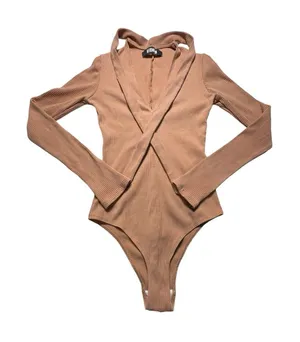 Reformation Size Small Ribbed Tie Neck Covered Back Brown‎ Bodysuit #Z4-5 thumbnail 1