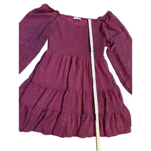 Altar’d State Women’s Vibrant Burgundy Babydoll Tiered Long Sleeve Dress Sparkle thumbnail 5
