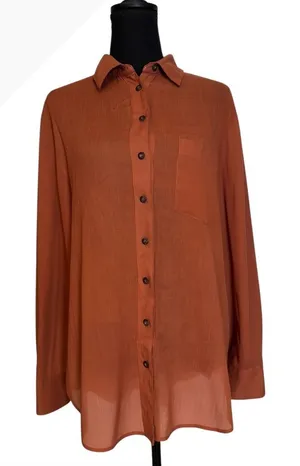 Free People Button-Up Blouse in Rust Orange, Size S thumbnail 1