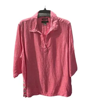 Tahari 100% Linen Split Neck 3/4 Sleeve Top 1X thumbnail 2